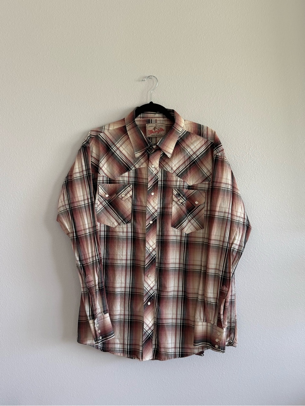 Wrangler Men’s Plaid Western Button-Down Shirt in Red and Cream - Shiny Threads